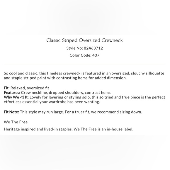 NWT Free People S We the Free Classic Striped Oversized Crewneck Sweatshirt New - Picture 5 of 6